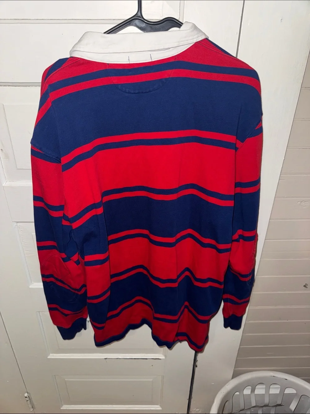 J. Crew Men’s Red and Navy Striped Rugby Polo White Collar Long Sleeve L VTG